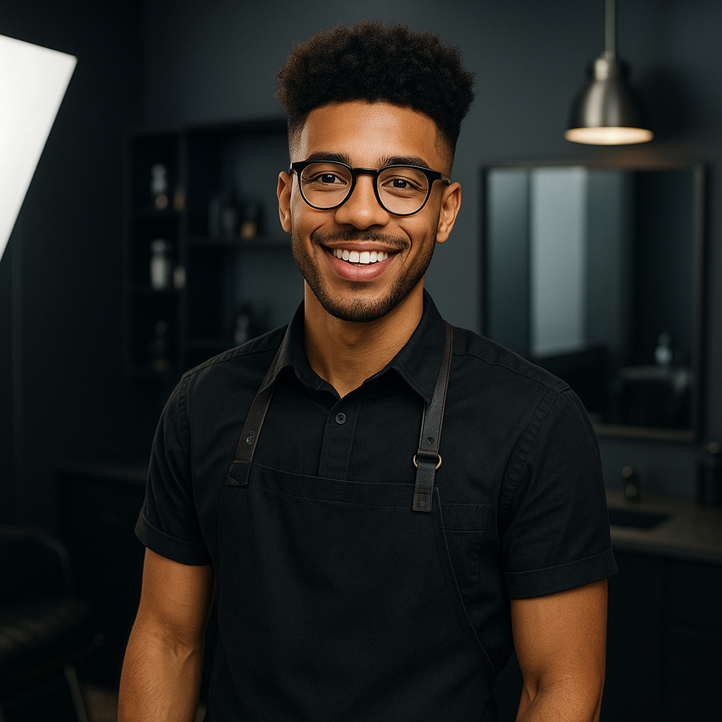 Young barber with curly top fade and glasses, smiling in a modern studio