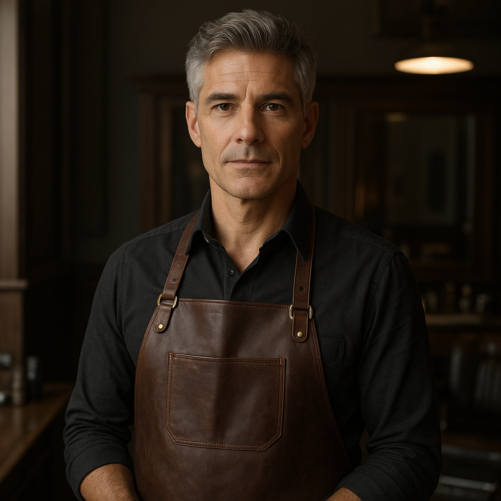 Experienced barber with salt-and-pepper hair and a clean shave, wearing a leather apron