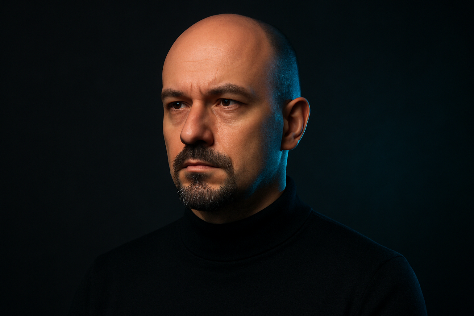 Portrait of Andrii Savchuk, bald man with a dark goatee in a black turtleneck