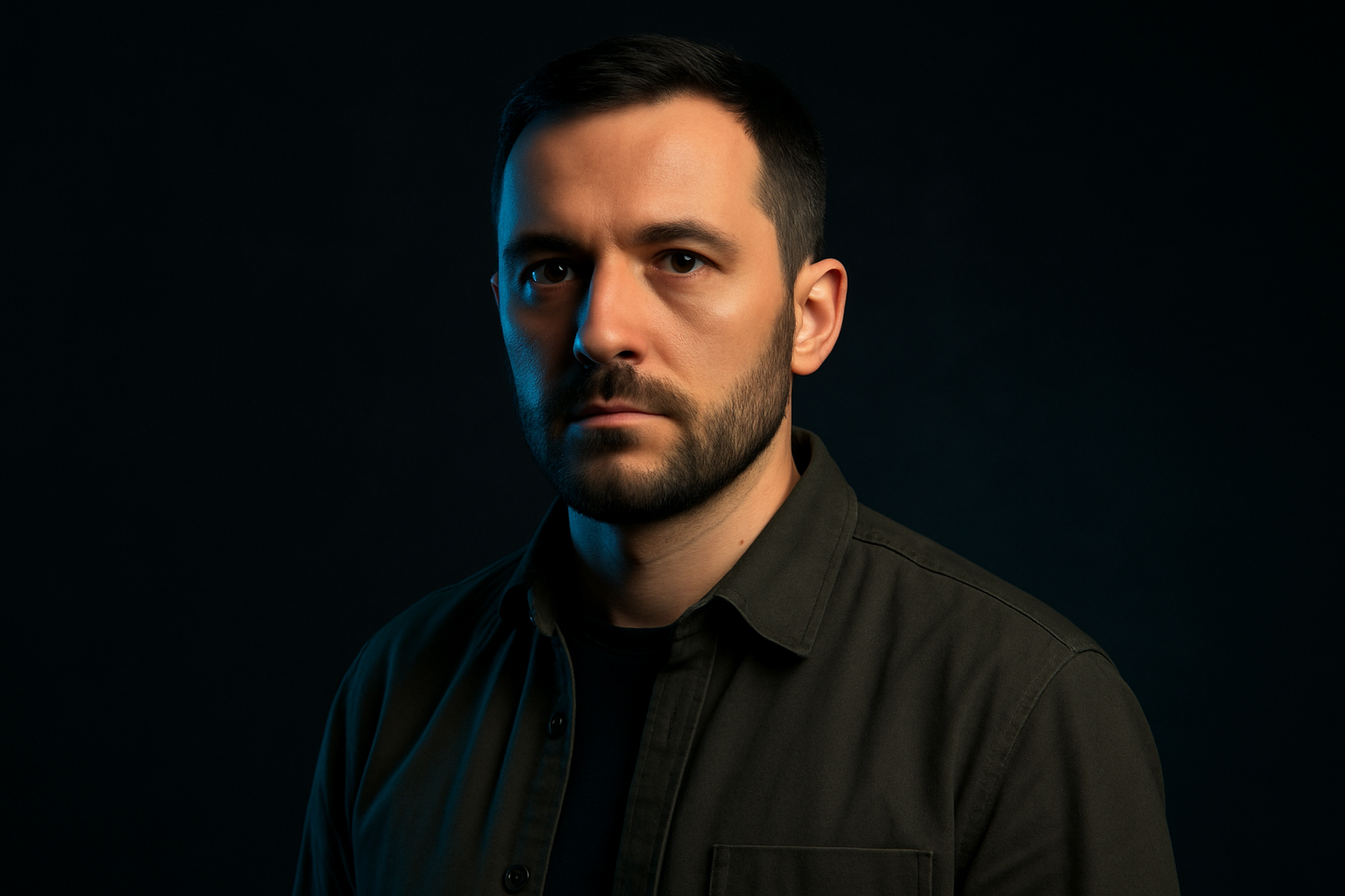 Portrait of Dmytro Levchenko, man with short dark hair and a trimmed beard