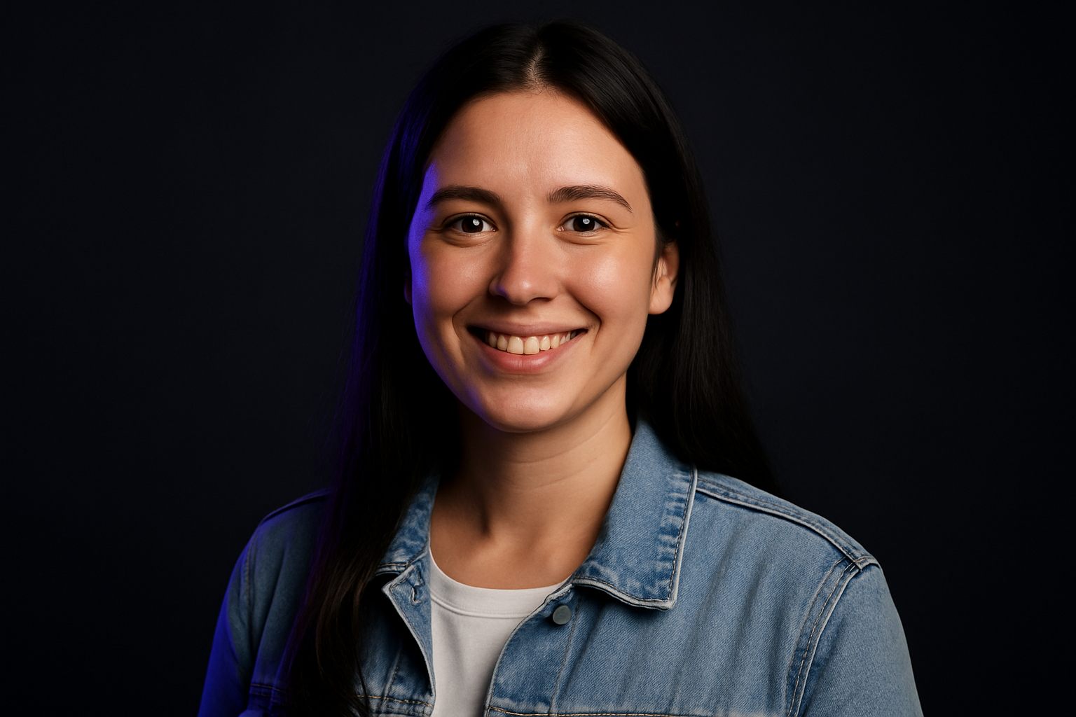Portrait of Iryna Bondar, woman with long straight black hair in a denim jacket