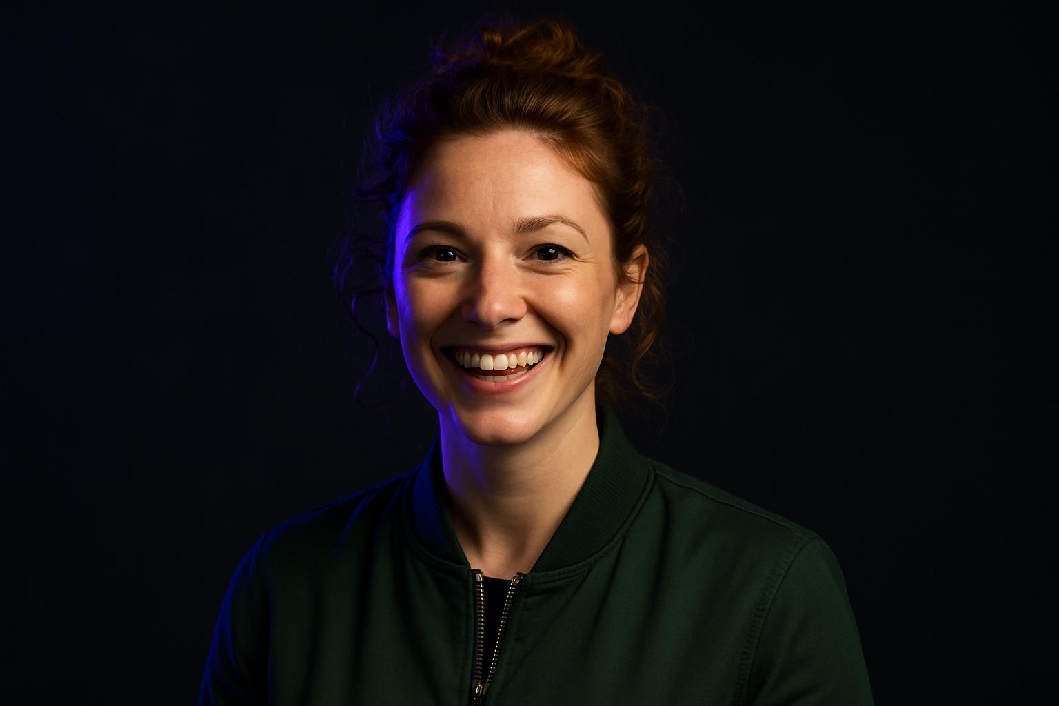 Portrait of Mariia Tkachenko, woman with wavy red hair tied up and a green bomber jacket
