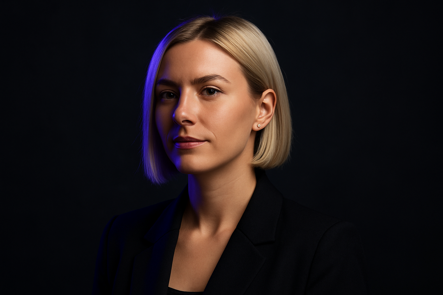 Portrait of Sofiia Kravets, woman with a platinum blonde bob and silver earrings