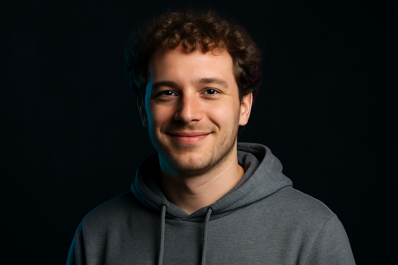 Portrait of Taras Melnyk, man with curly light-brown hair and a grey hoodie