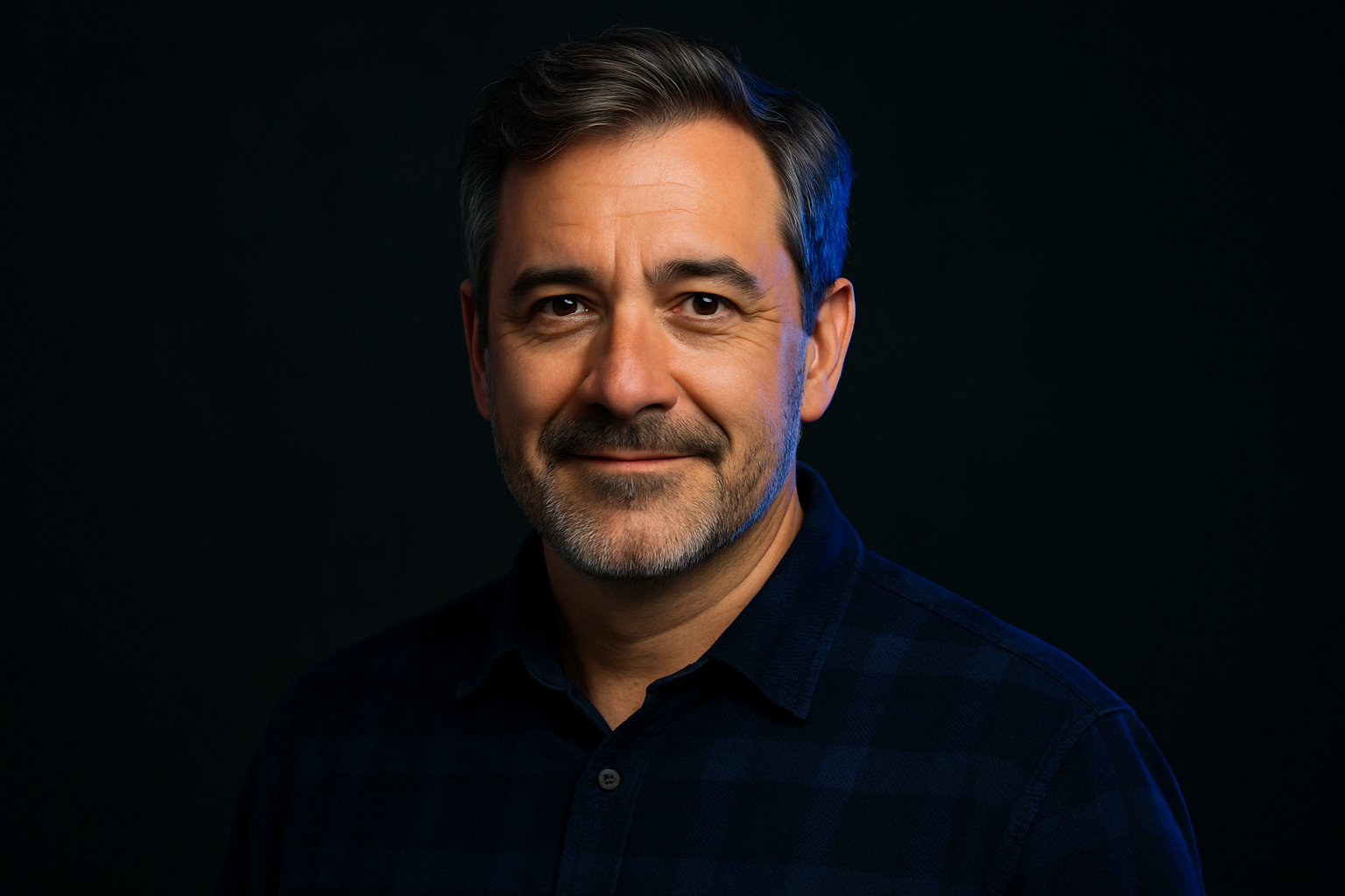 Portrait of Yurii Ostapenko, older man with salt-and-pepper hair and a navy flannel shirt