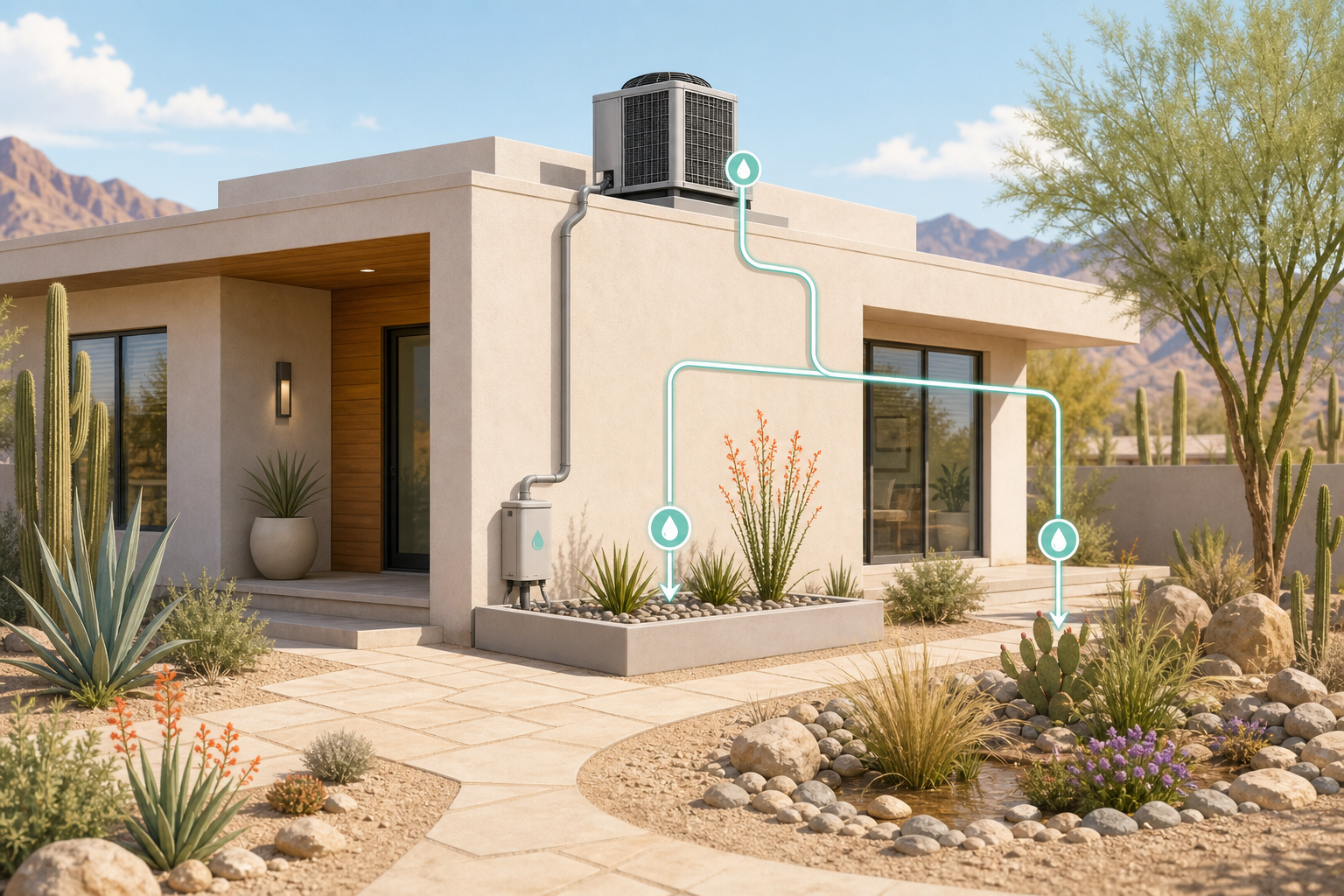 Calm illustrated desert home with rooftop AC, subtle water-flow lines, and drought-tolerant landscaping reuse points
