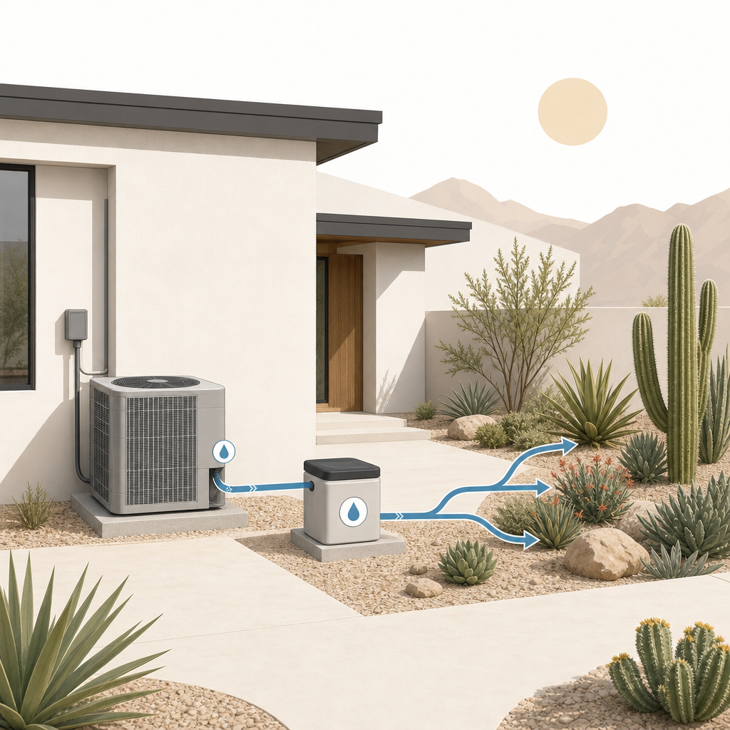 Minimal schematic illustration of a desert home AC unit routing condensate water through a simple reuse path to landscape zones.