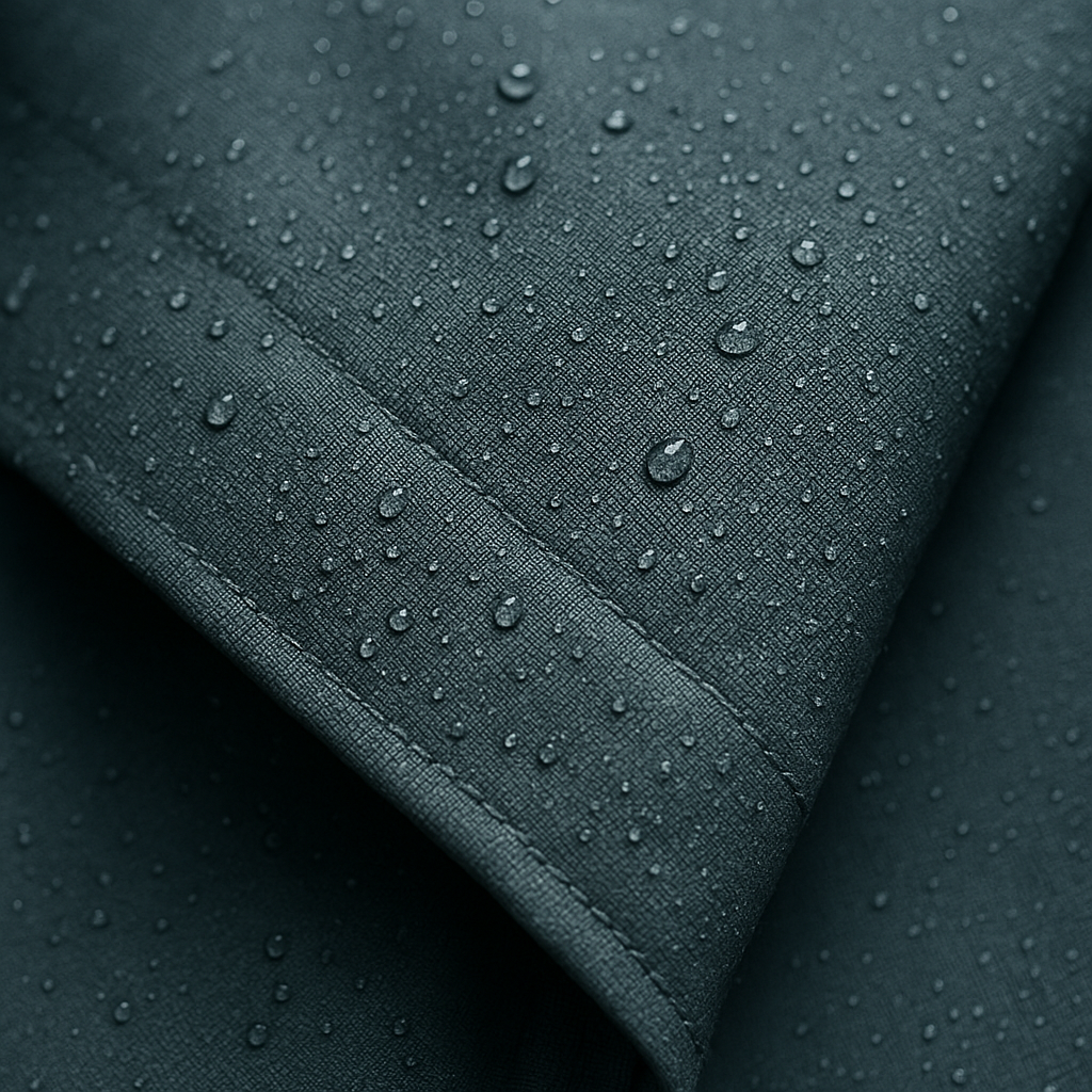 Close-up of technical jacket fabric with taped seams and water-beading texture