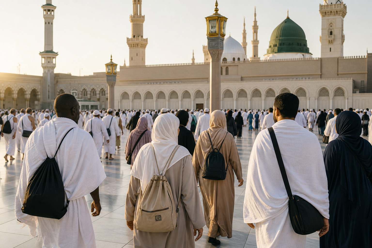 Pilgrims in modest travel attire walking calmly toward a grand mosque courtyard at soft morning light