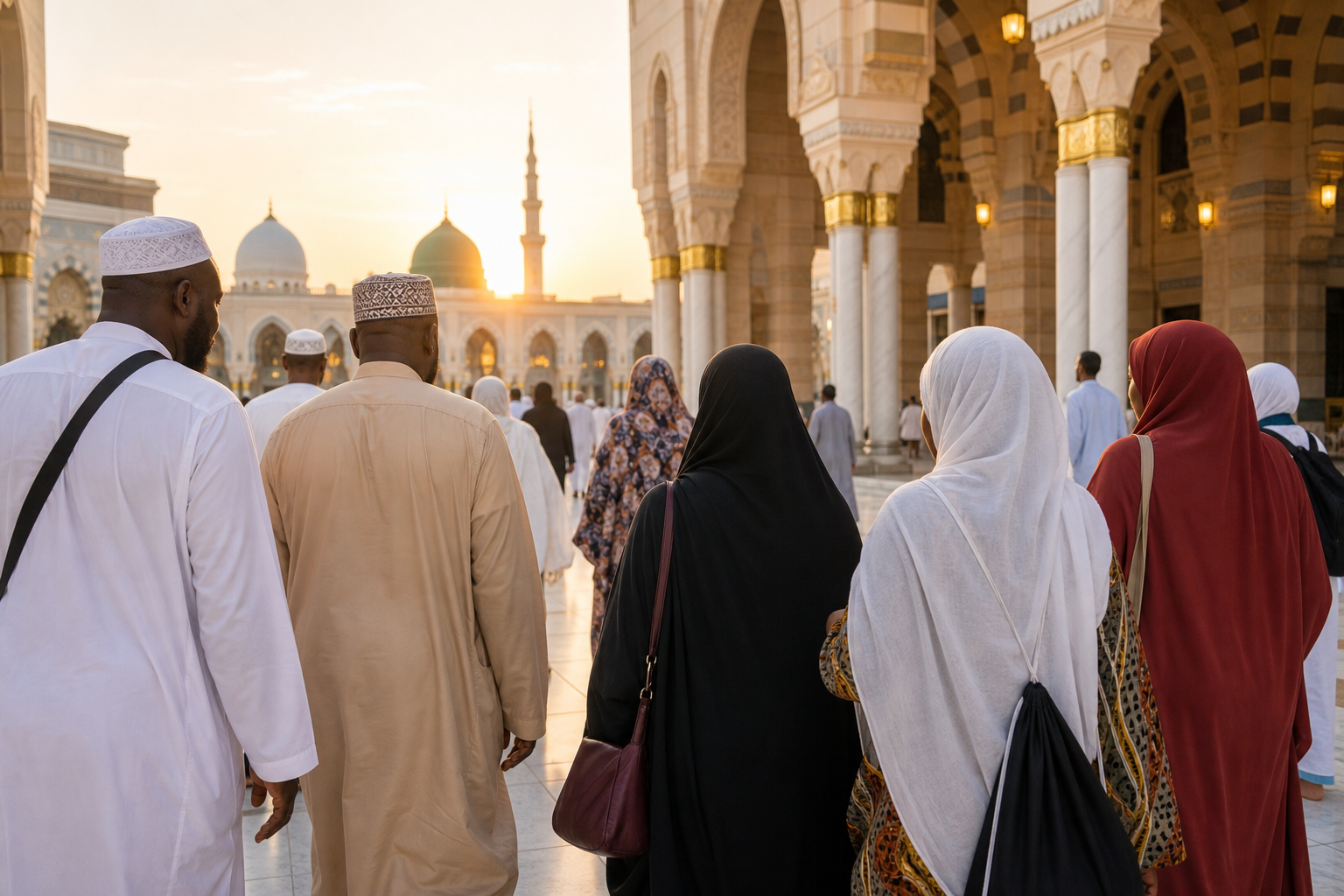 Respectful and aspirational pilgrimage travel scene with travelers in modest attire approaching a grand mosque courtyard at golden hour