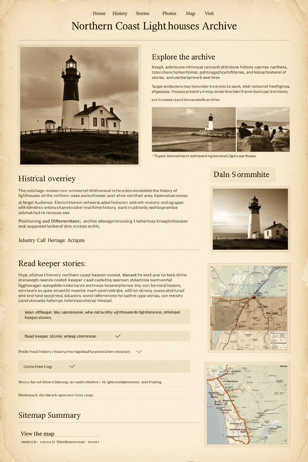 Archival-style photograph of a weathered lighthouse on a rocky northern coast with soft sea haze