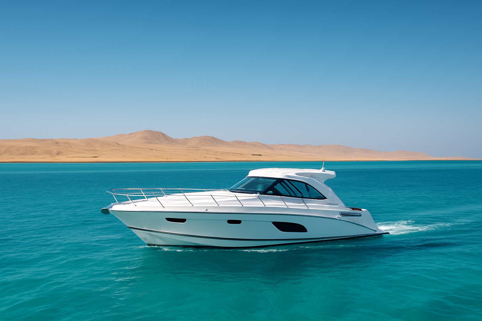 Luxury white speedboat gliding over turquoise Red Sea waters near Hurghada with a golden coastline in the distance