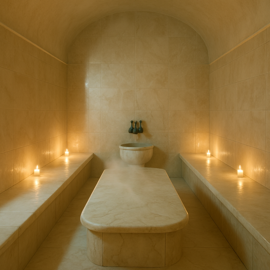 Luxurious hammam room with marble benches, gentle steam, and warm candle lighting