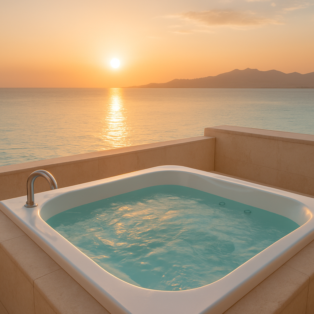 Private jacuzzi with clear water on a terrace overlooking the Red Sea at sunset