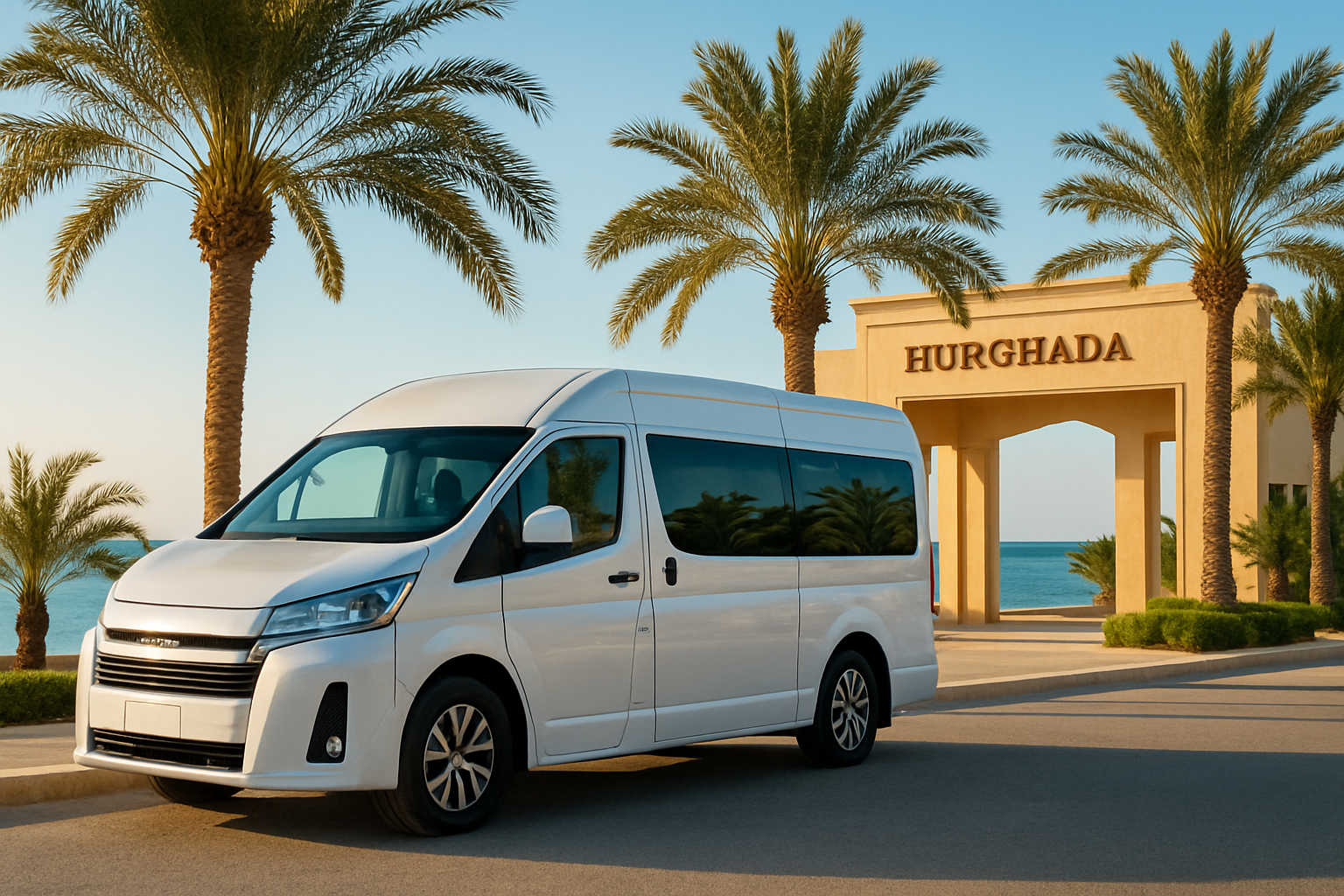 Modern premium van with air conditioning parked beside a palm-lined resort entrance in Hurghada during golden sunlight
