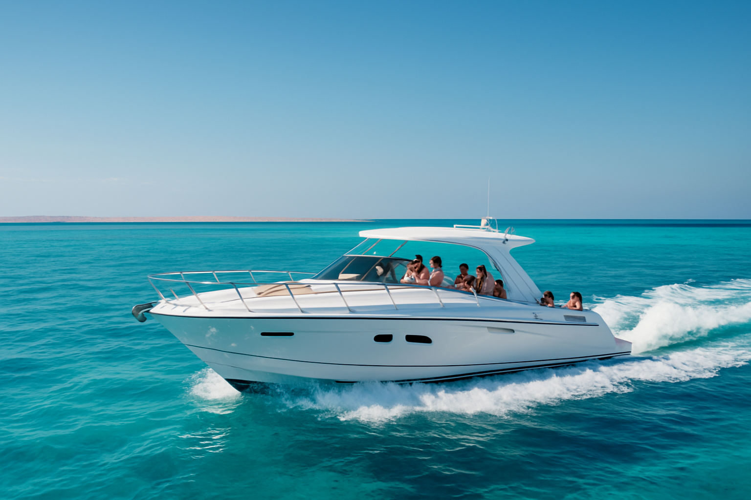 Luxury white speedboat gliding over turquoise Red Sea water near Hurghada with a small private group on board