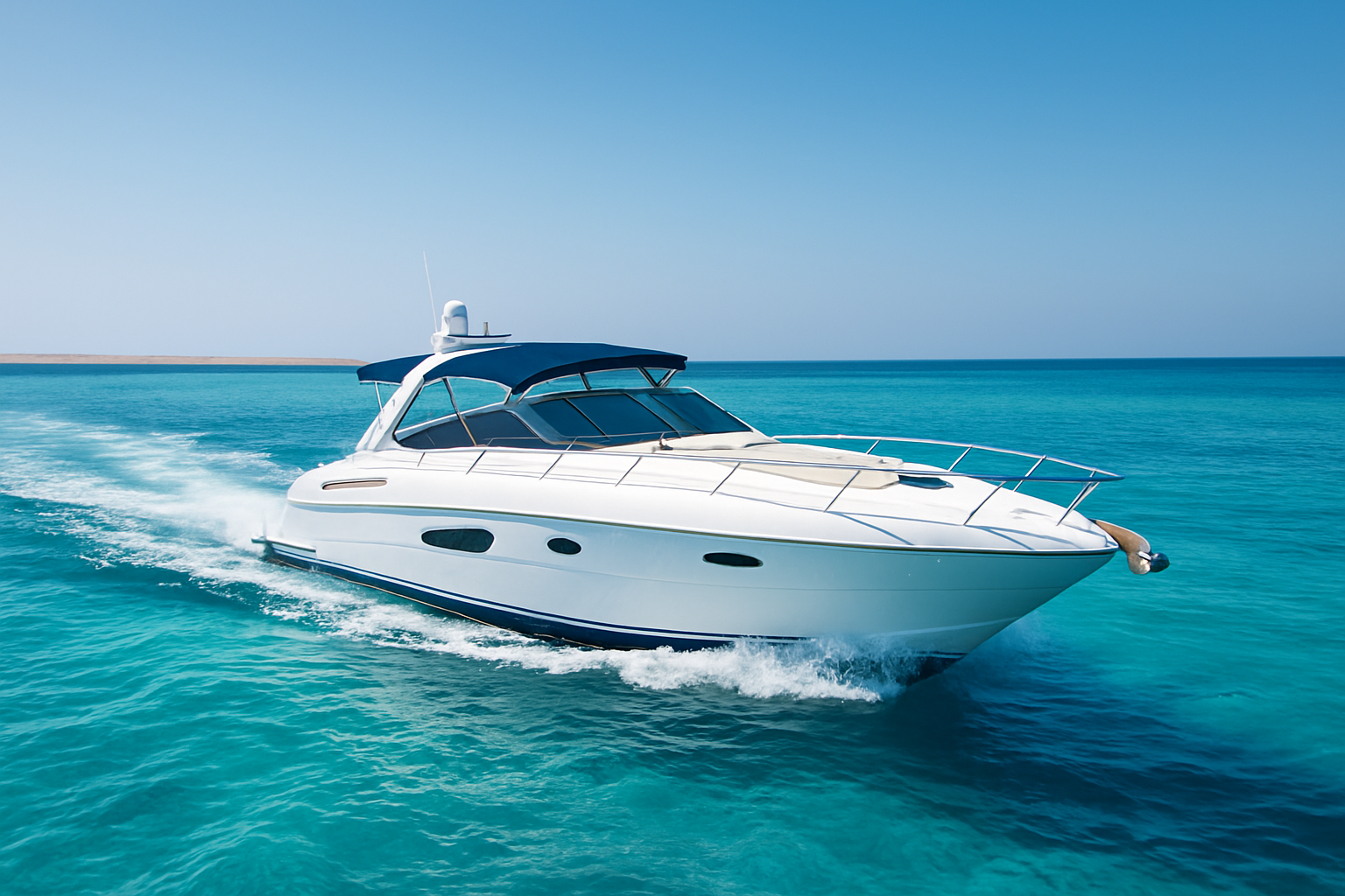 Sleek white speedboat cruising over turquoise Red Sea water near Hurghada with sunlit sky