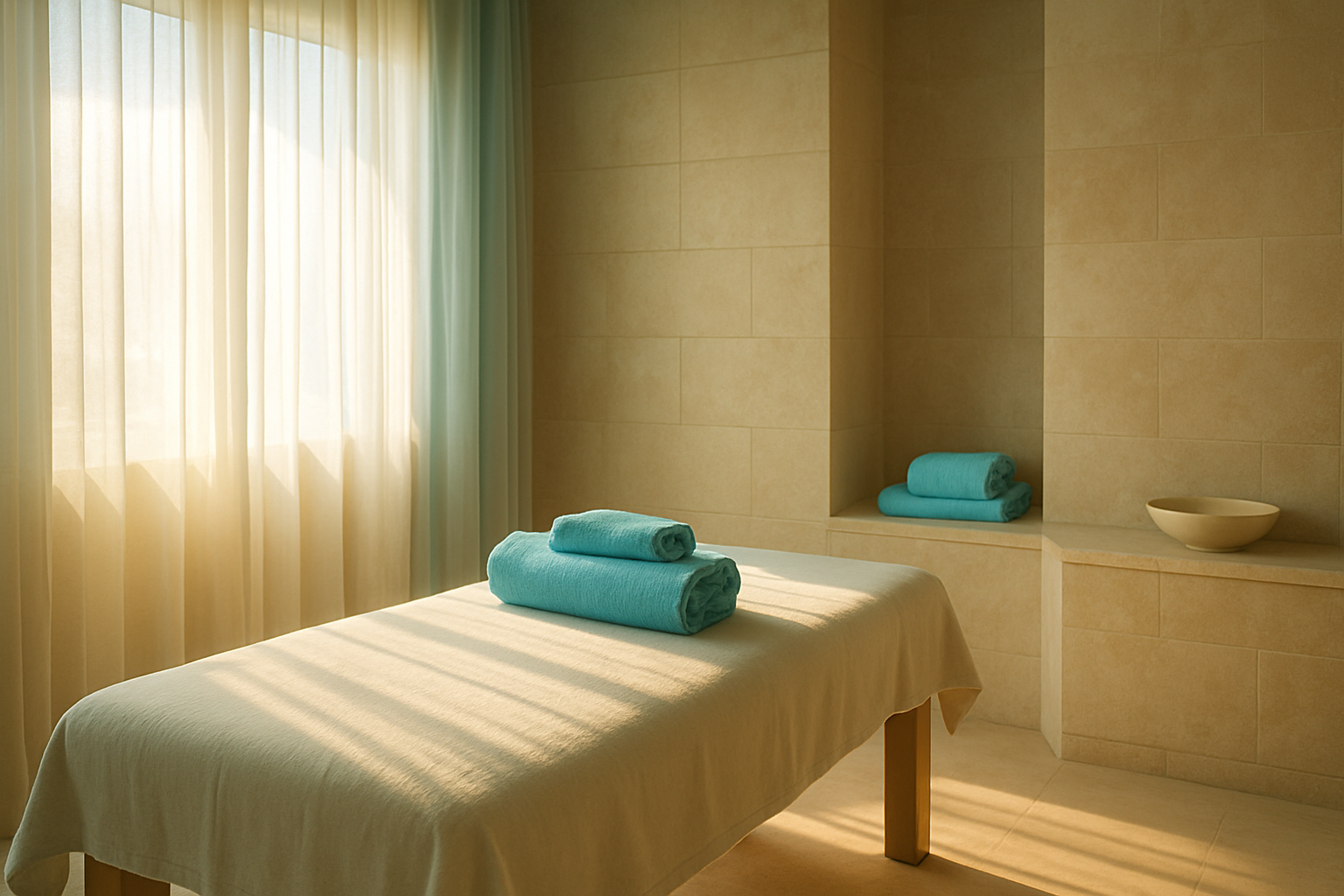 Serene spa suite with soft beige stone walls, turquoise towels, and warm sunlight filtering through sheer curtains