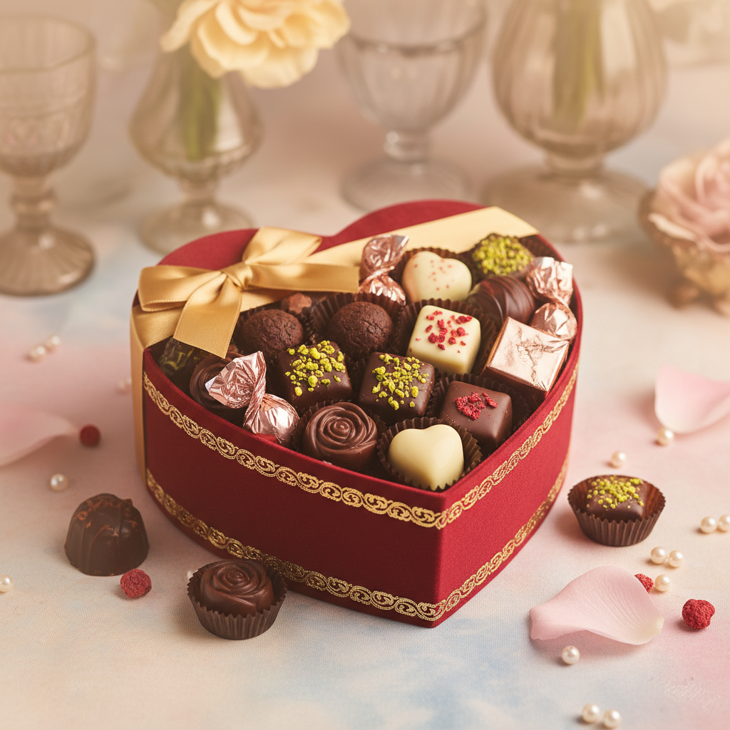 Heart-shaped box filled with assorted gourmet chocolates, gold foil accents