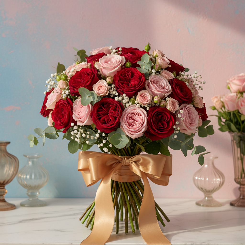 Luxurious bouquet of red and pink roses wrapped in gold ribbon