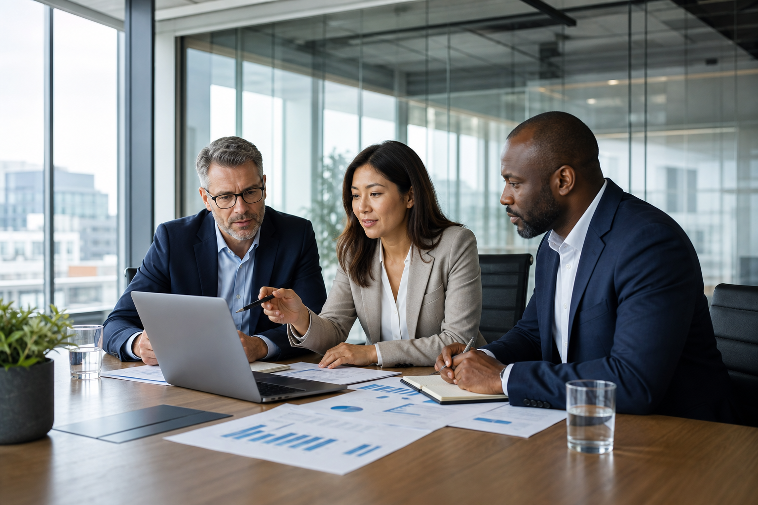Senior consultants reviewing a strategic growth plan together in a modern boardroom