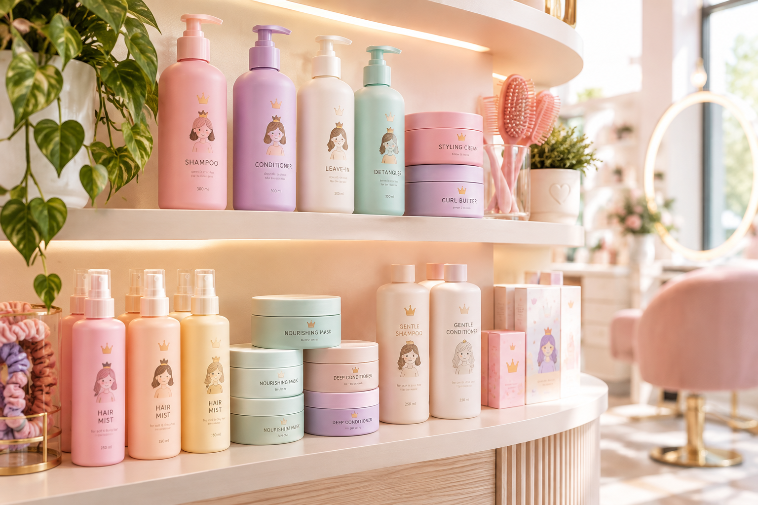 Elegant salon shelf with premium child hair care products arranged neatly in warm natural light