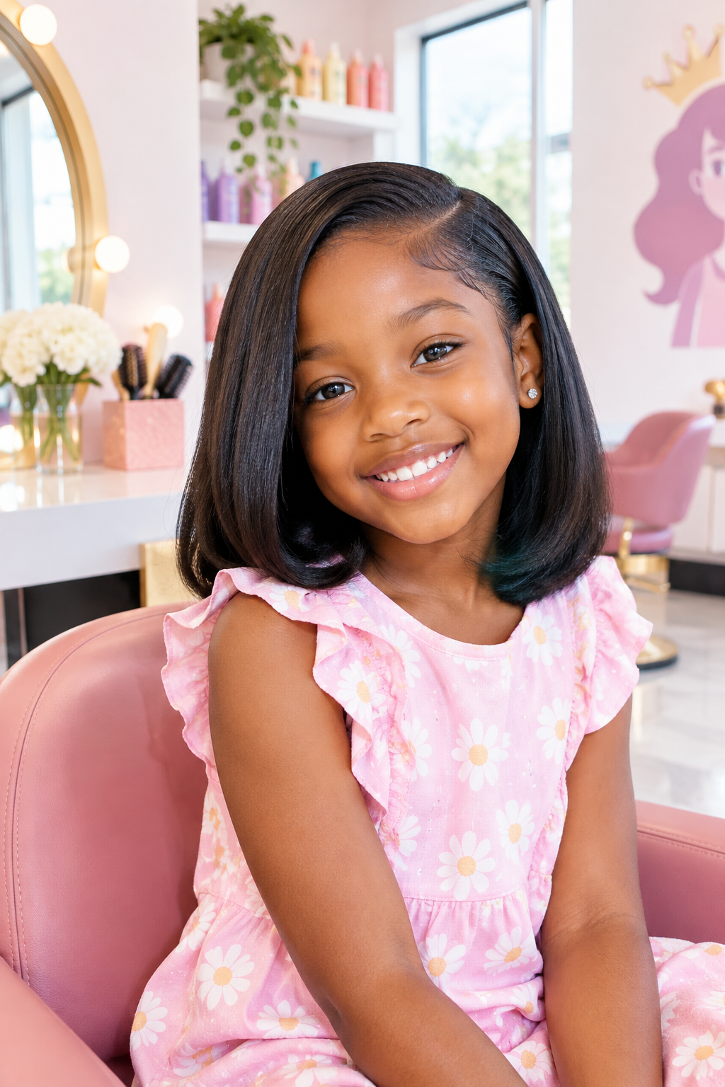 Smiling young girl with glossy shoulder-length silk press hairstyle and neat side part inside a bright salon