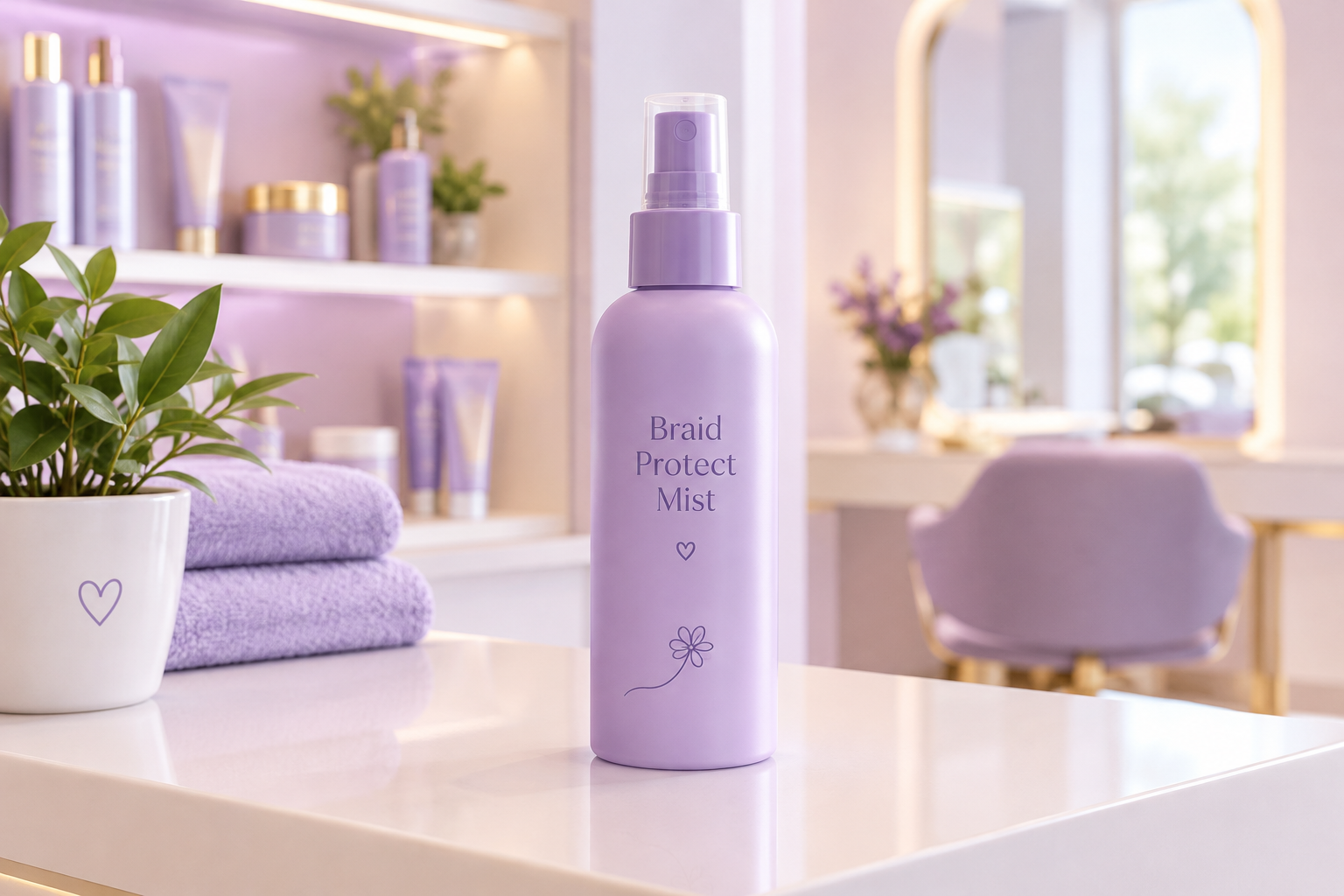 Sample product placeholder spray bottle for Braid Protect Mist on a minimalist display