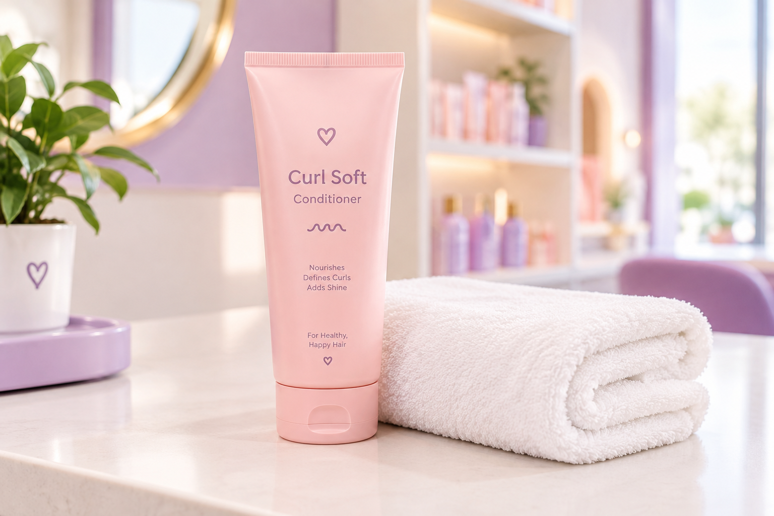 Sample product placeholder tube labeled Curl Soft Conditioner in a bright salon setting