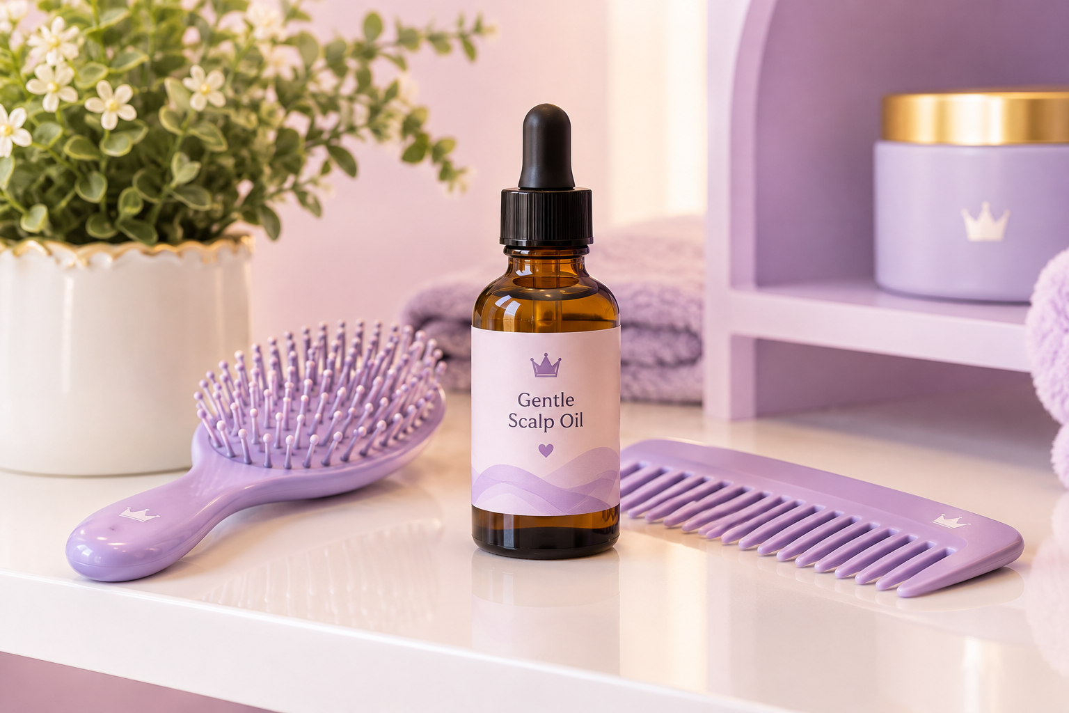 Sample product placeholder dropper bottle for Gentle Scalp Oil with pastel accents
