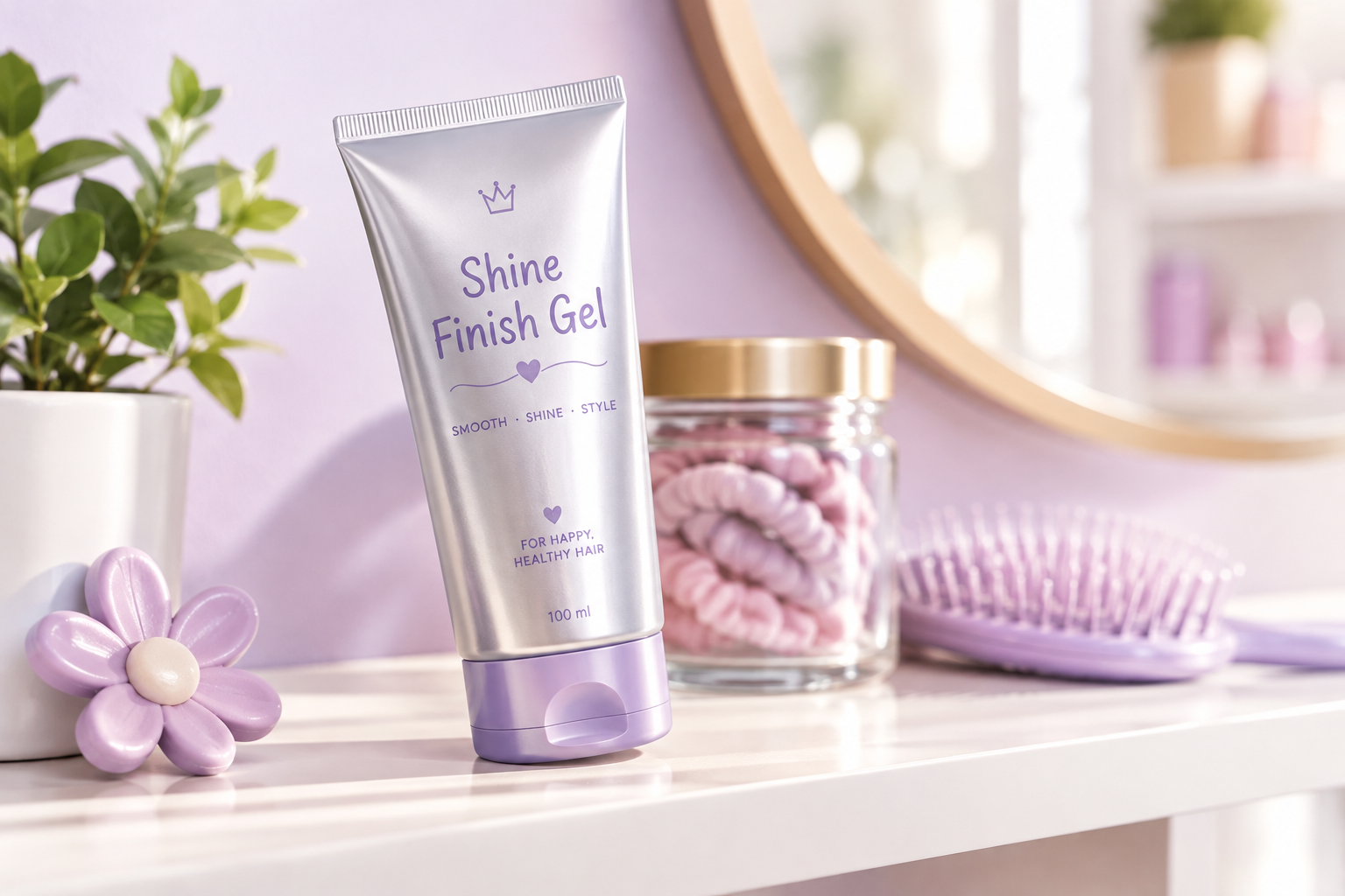 Sample product placeholder tube for Shine Finish Gel arranged on a premium shelf