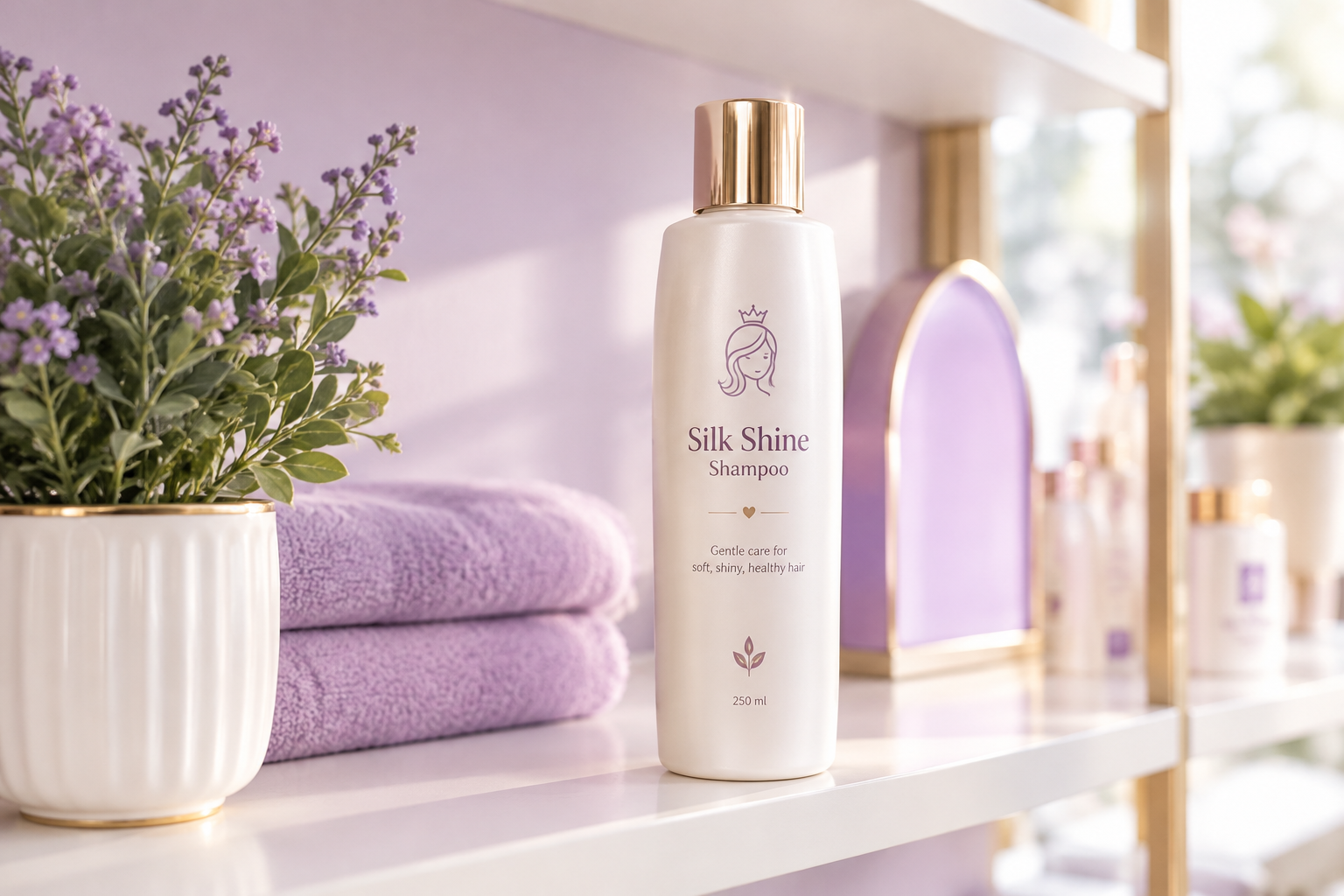 Sample product placeholder bottle labeled Silk Shine Shampoo on a clean boutique shelf