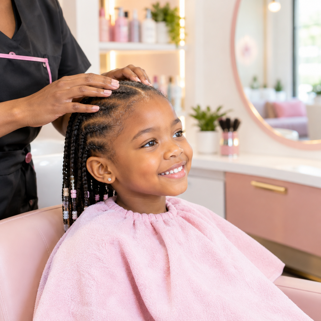 Smiling young girl with neatly sectioned braids receiving a gentle scalp care treatment in a bright modern salon