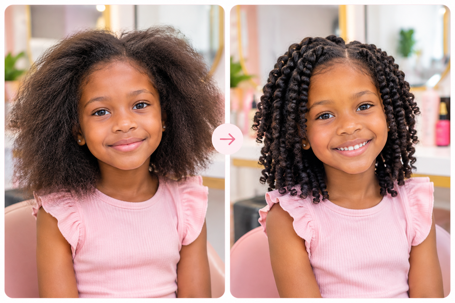 Before-and-after style collage showing frizzy hair transformed into a smooth defined twist-out on a smiling girl