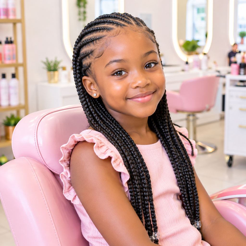 Girl with freshly finished medium knotless braids and smooth edges in a modern children salon