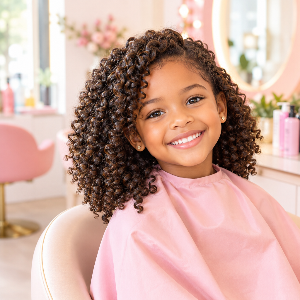 Child with defined natural curls, hydrated texture, and a joyful expression after styling treatment