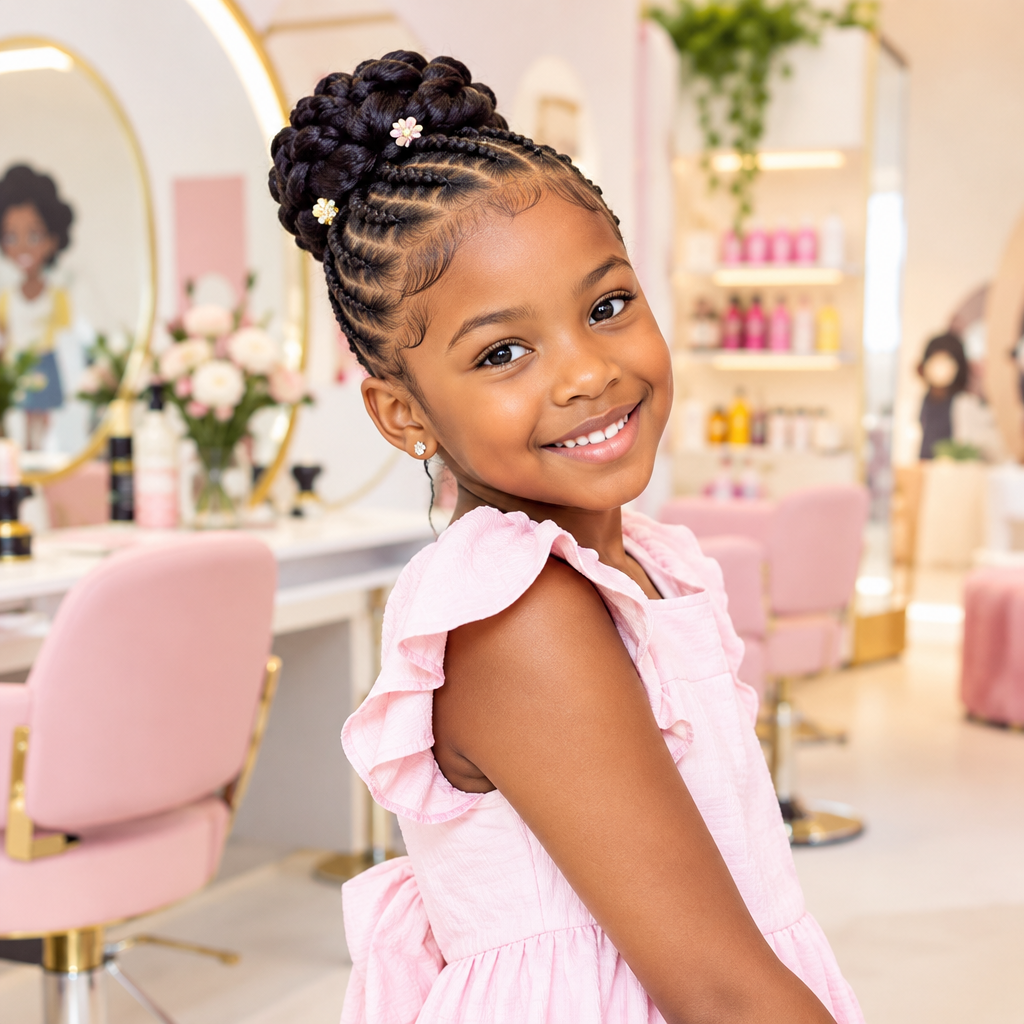 Young girl with elegant protective updo and polished baby hairs in a bright premium salon setting
