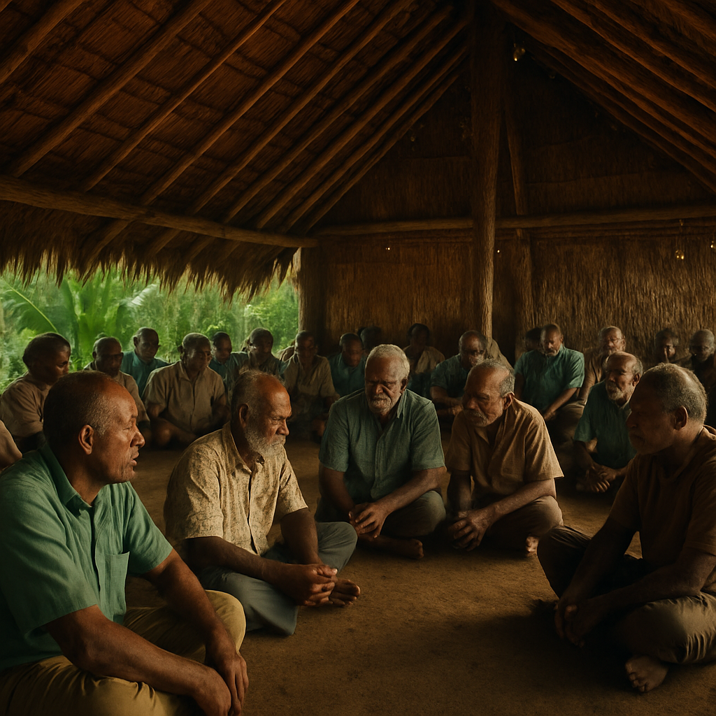 Melanesian elders gathered in a ceremonial circle beneath a large coastal tree, sharing wisdom at sunset