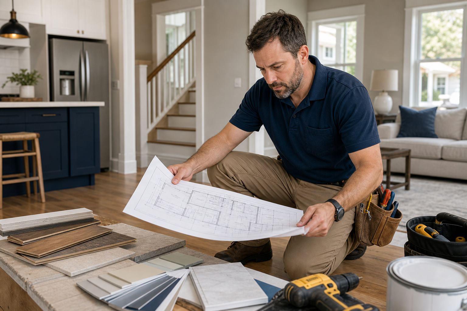 Professional contractor reviewing a residential interior renovation with tools and materials neatly arranged
