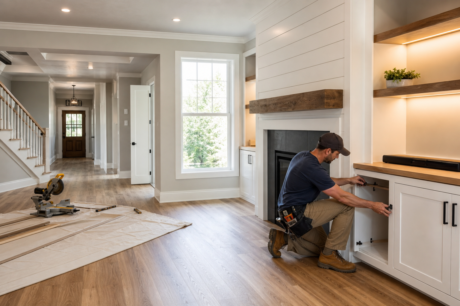 Clean residential home renovation scene with a contractor finishing modern interior improvements