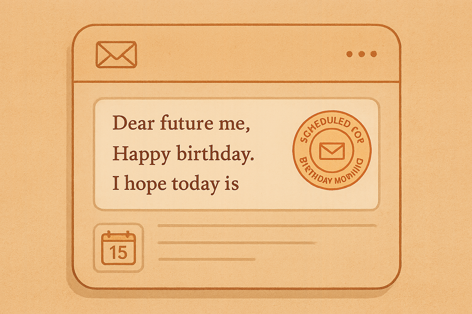 Stylized retro interface showing a future letter scheduled for a birthday delivery with stamped date details