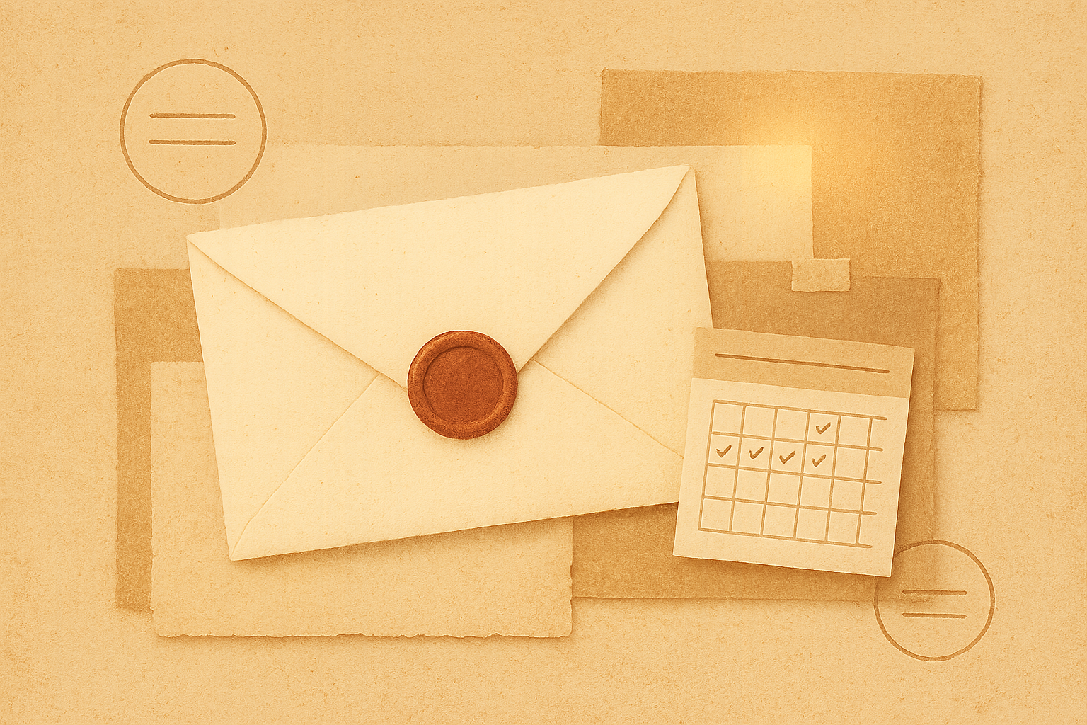 Nostalgic arrangement of a sealed digital letter, date stamps, layered paper textures, and a soft glowing future-delivery motif on a keepsake board