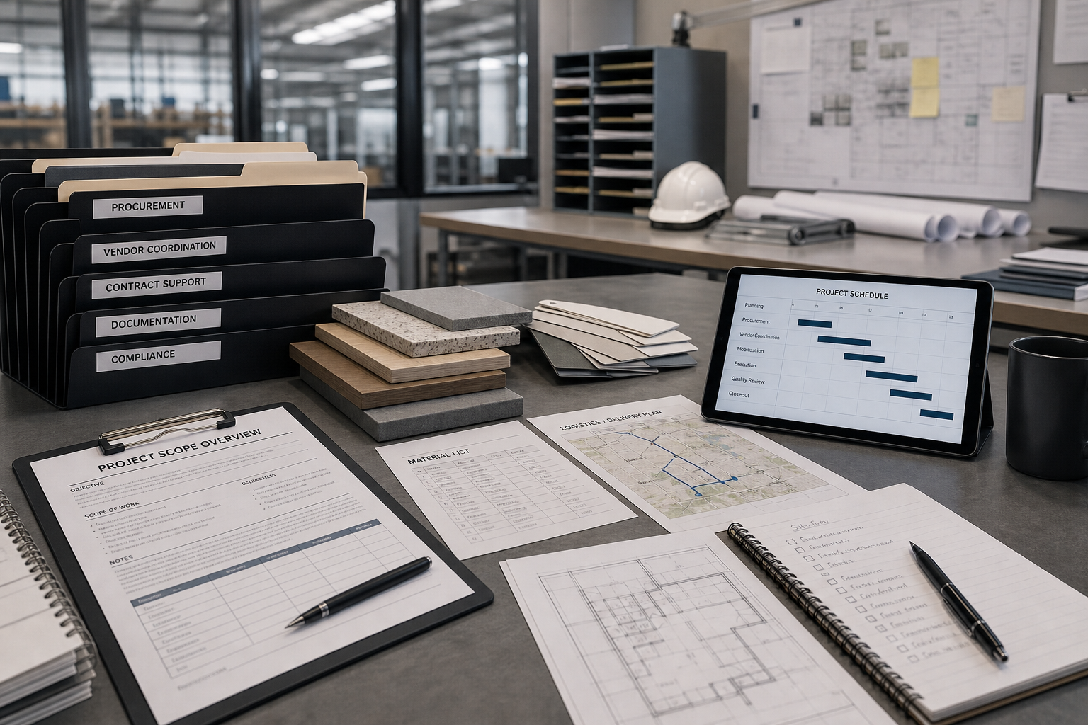 Professional procurement and logistics coordination setting with organized material schedules, shipping documentation, digital planning screens, and labeled samples in a modern commercial operations workspace, no logos or branding