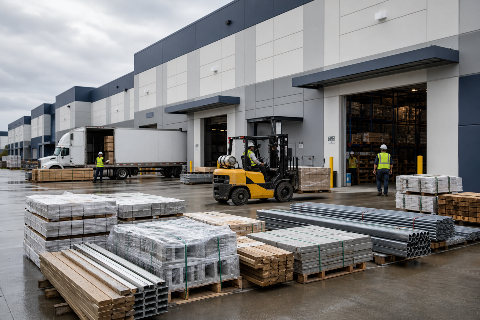 Organized supplier and subcontractor operations in a commercial logistics setting with palletized materials, loading activity, and coordinated field-service movement under neutral industrial lighting