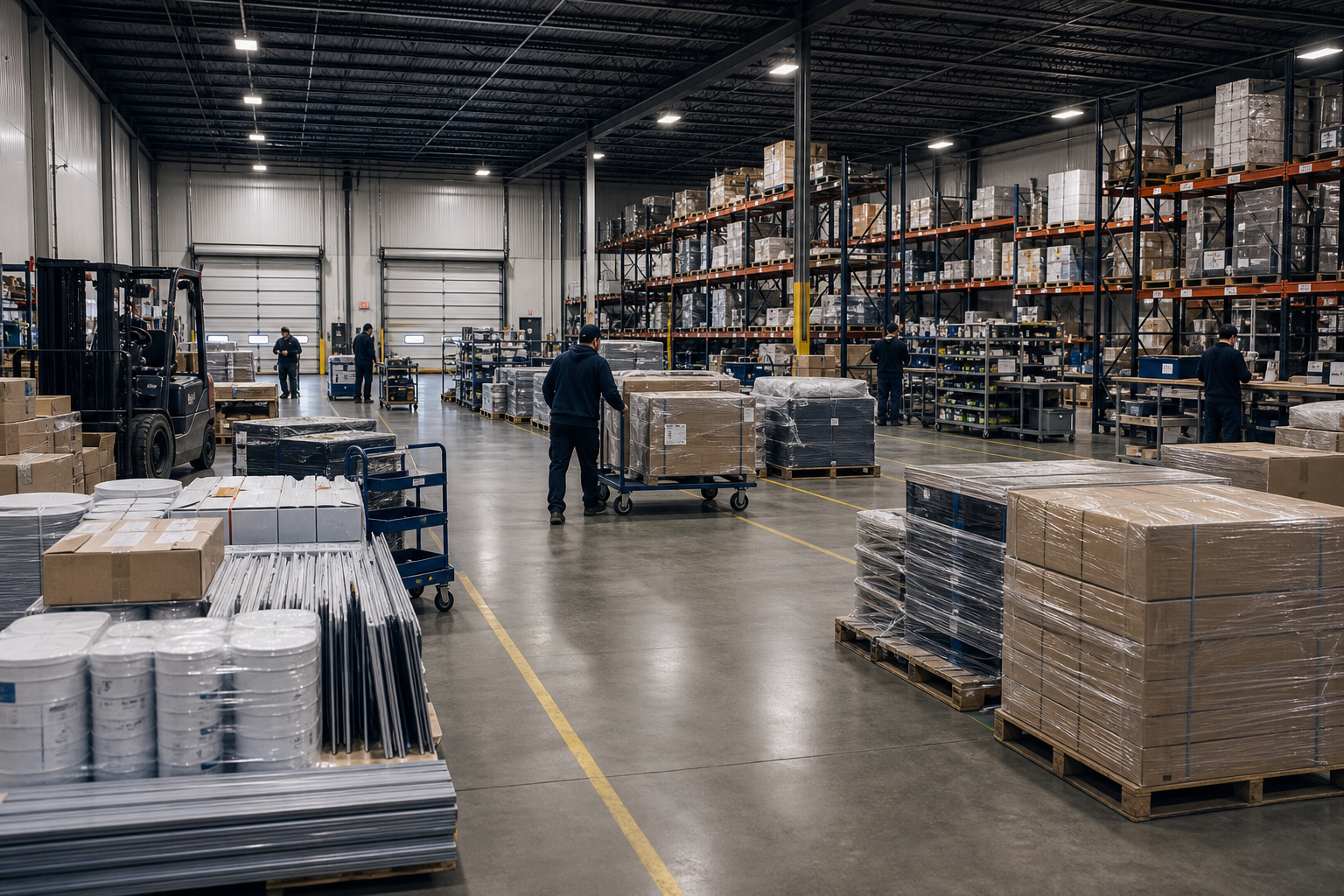 Wide professional view of an active commercial logistics floor with palletized materials, marked staging lanes, and multiple service teams coordinating movement and fulfillment tasks in an organized warehouse environment, captured candidly with no visible brand logos