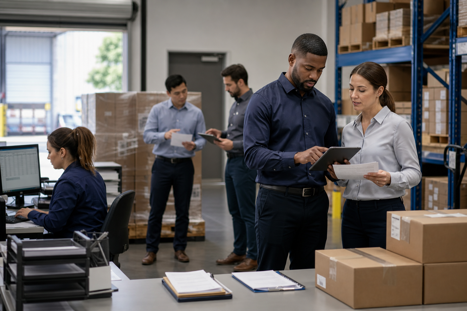 Modern operational procurement coordination scene with staged materials, requirement checks, and digital documentation handled by partner teams in a neutral commercial workspace