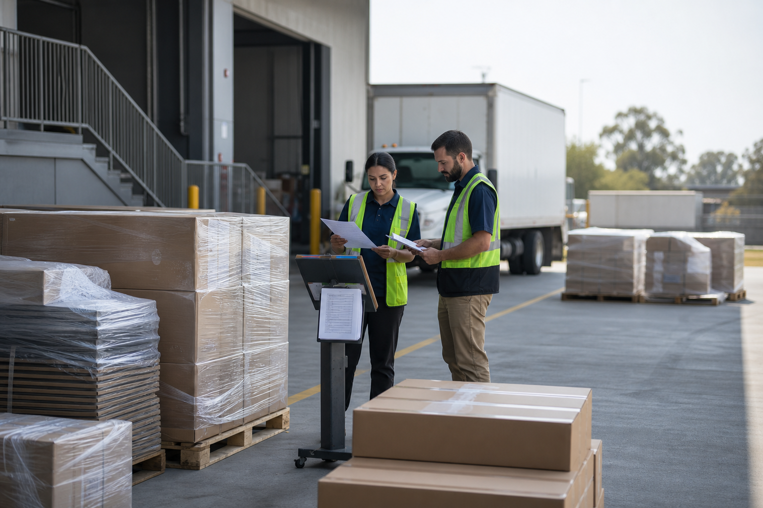 Coordinated receiving and staging area at a commercial facility with unlabeled pallets, safety-vest workers reviewing clipboards, and a neutral delivery vehicle in the background, showing organized third-party procurement and logistics support