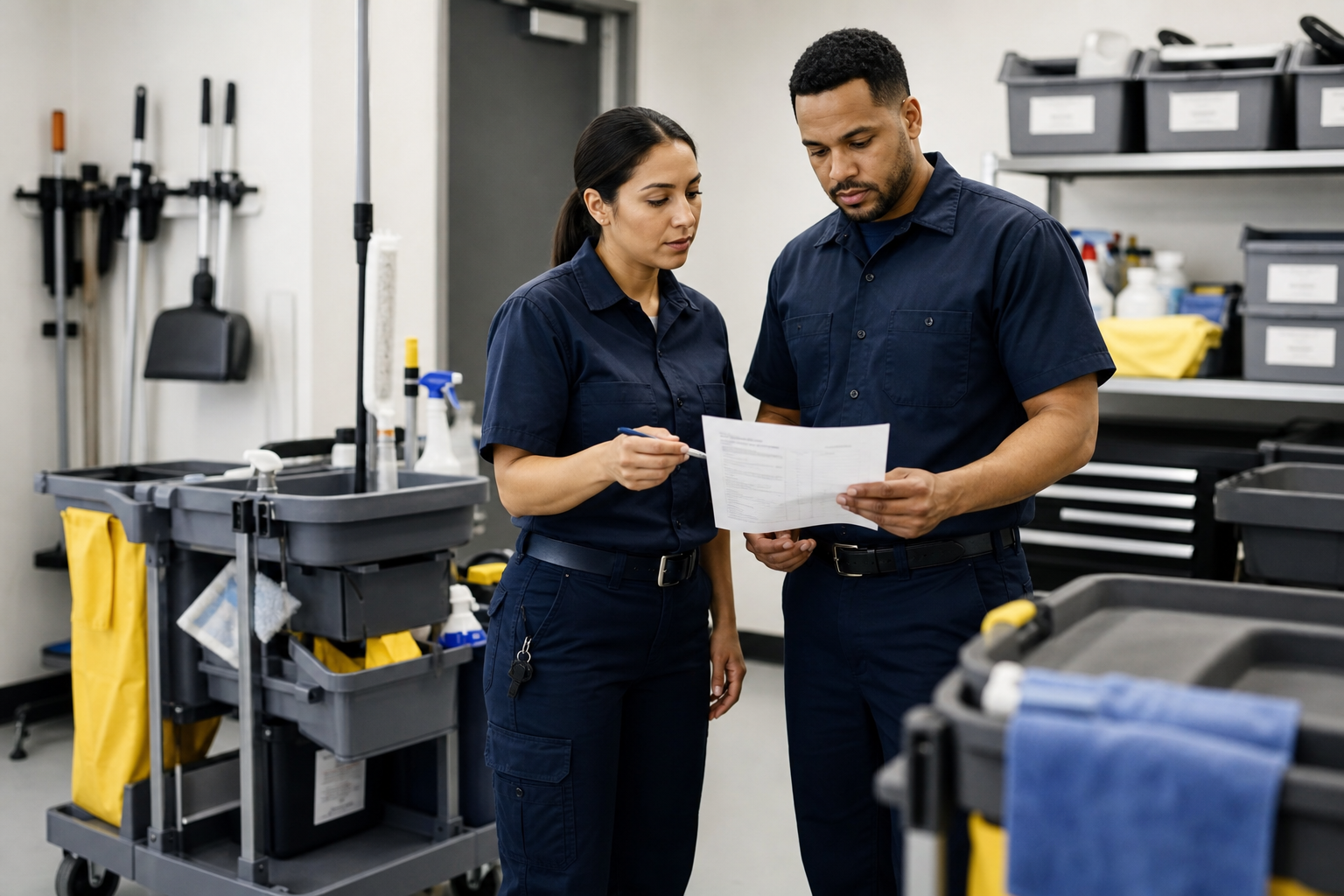 Two uniformed field-service technicians from a small commercial facilities team reviewing a work order checklist beside janitorial equipment and maintenance supplies in a clean service bay