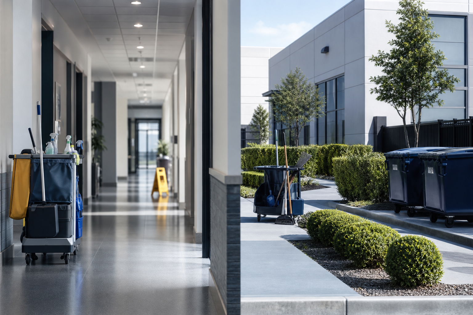 Commercial facility exterior and interior service context with maintenance staff activity, landscaping equipment in use, and waste collection staging areas under neutral daylight