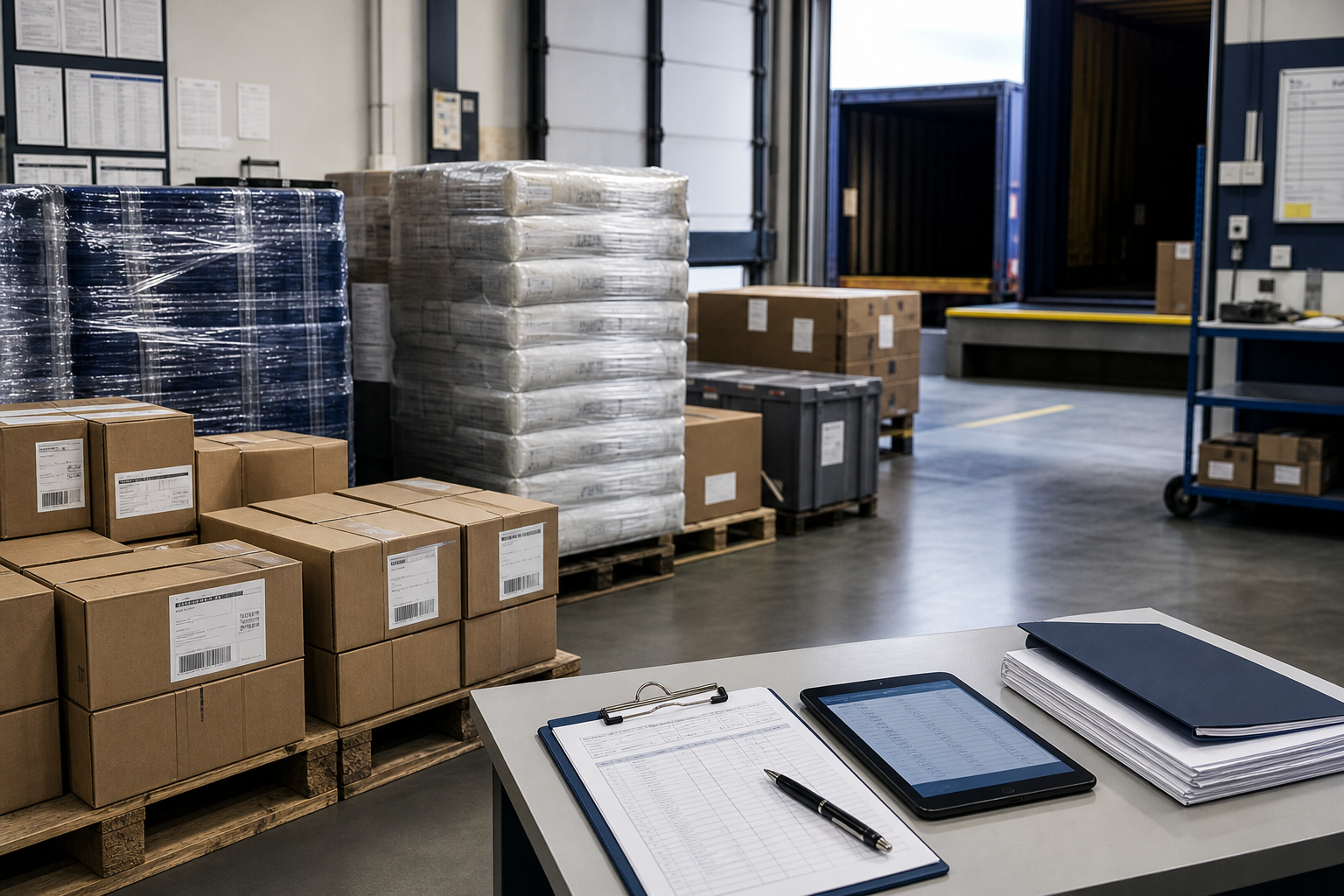 Organized commercial receiving and procurement staging area with palletized materials, labeled cartons, shipping clipboards, and digital documentation tools beside active supplier handoff operations in a clean neutral industrial setting, with no logos, seals, insignia, or ownership branding
